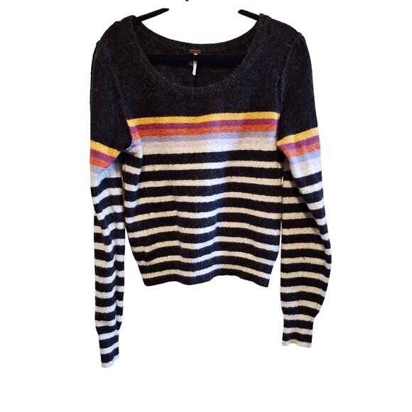 Free People Black Striped Sweater With Colorful Horizontal Stripe S Super Soft - Picture 1 of 7